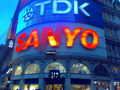 Close up of the Sanyo Sign, an iconic London neon sign